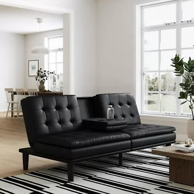 Mainstays Memory Foam Pillowtop Futon With Cupholder Black Faux Leather • $250