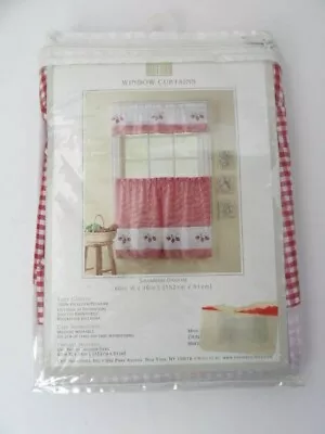 Vtg Red Gingham With Strawberry Border Kitchen Curtains Tiers 60 X36  NO VALANCE • $24.99