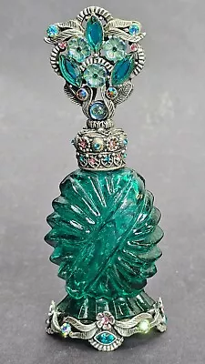 Vintage Czech Bohemian Art Deco Green Glass Jeweled Perfume Bottle • $70