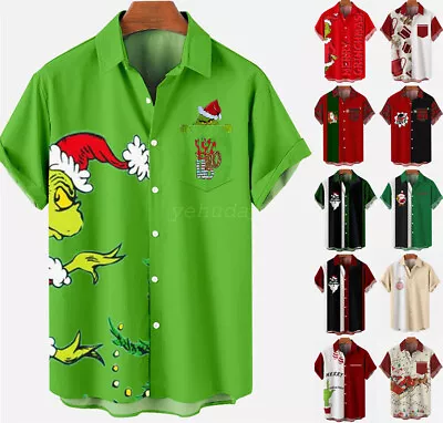 2023 Mens Short Sleeve Button Up Collared Shirt Party Christmas Xmas Tops Beach • $28.21