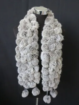 100% Real Rabbit Fur Pom Poms Scarf/ Cape/ Neck Wrap Natural Gray Women Shawl  • $16.99