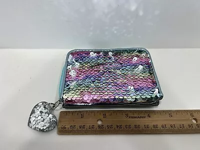 Zippered Sequined Wallet Card Holder With Heart Charm Aqua • $4.99