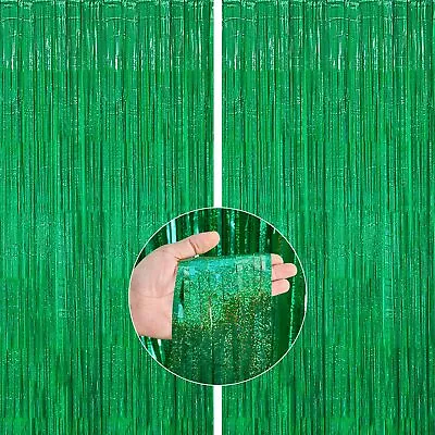 Green Foil Fringe Curtain 2 Pcs Green Streamers Fringe Backdrop Metallic T... • $16.76