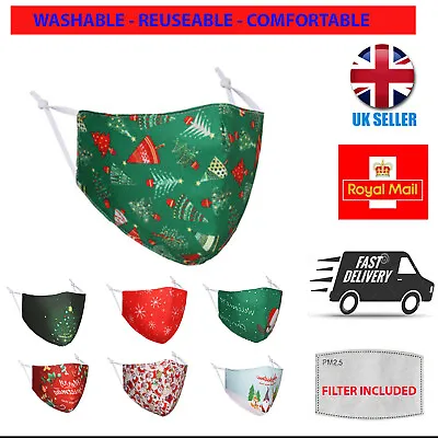 Christmas Face Mask Covering Washable Reusable Breathable With  Pm 2.5 Filter  • £1.99