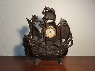 Large Vintage CAST IRON TALL SHIP Sculpture With CLOCK 11.5 Tall  NICE ! • $75