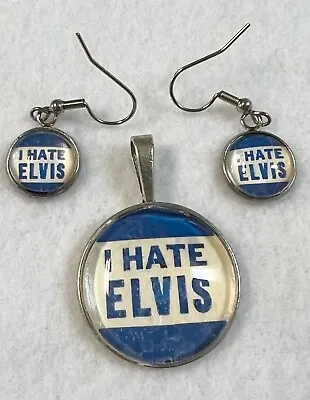 I Hate Elvis Earrings Set Pendant Medallion Glass Metal Collectible Rock N Roll • $120.50