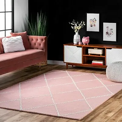 NuLOOM Contemporary Modern Geometric Trellis Wool Area Rug In Baby Pink • $223.24