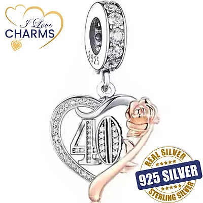 💝 40th Birthday Charm 925 Sterling Silver 40 Heart Rose Love Anniversary Gift • £16.94
