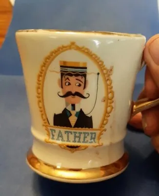  FATHER  Coffee Mug Cup Mustache Ivory Gold Rimmed 23 Kt USA Vintage • $6