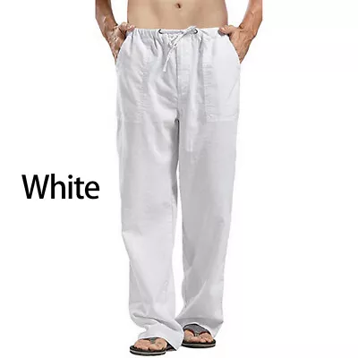 Casual Men's Drawstring Straight Pants Loose Cotton Linen Trousers Beach Pants • $14.91