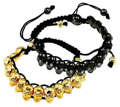 Mens Hematite Skull Bracelet With Rhinestone Eyes Gold Gunmetal • £5.99