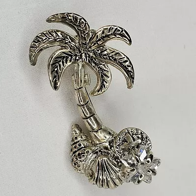 Palm Tree Brooch Pendant Silver Tone Rhinestones Shells Figural Pin Beach Best • $20.83