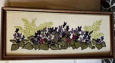 Vintage Crewel Floral Embroidered Framed Picture Handmade 60s 70s MCM 14x36 Art • $89