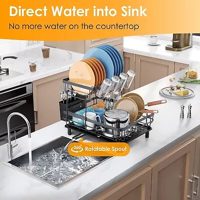 2 Tier Dish Drainer Drying Rack With Cup Holder Cutlery Tray Kitchen Organiser • $25.85