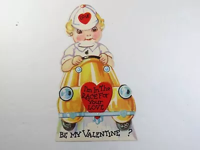 VTG Valentine Day Card Die Cut Mechanical Movable Boy Race Car 1940s-50s C7515 • $8.46