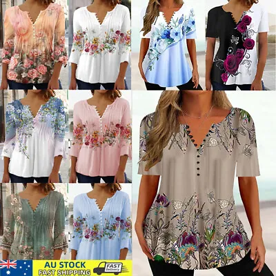 $20.48 • Buy Womens Summer Floral V-Neck Tops T-Shirts Ladies Casual Blouse Tee Plus Size AU