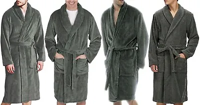 Mens  Luxury Soft Grey Fleece Dressing Gown Pockets Shawl Collar Bath Robe • £13.45