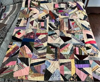 Antique Crazy Quilt With Vibrant Colors & Textures 46  X 55 . • $39