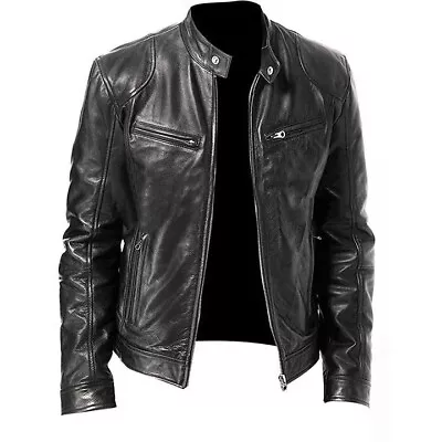 Men's Cafe Racer Retro Biker Vintage Black Motorcycle Rider Leather Jacket Sz M • $55.99