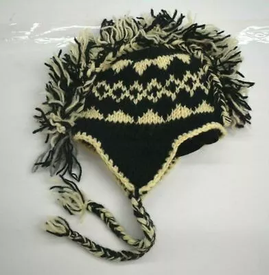 Black & White Unisex Mohawk Style Faire Isle Tie Sides Wool Winter Beanie OS • $12.60