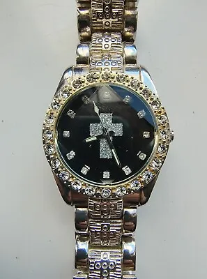 Working Mens Chunky Silver Tone Jewelled Cross Watch Bling Christianity Metal • £14.99