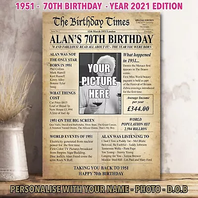 70th Back In 1953 Personalised Photo Birthday Gift Poster Nan Mum Mam  37 • £8.84
