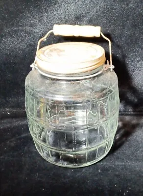 Gallon Clear Glass Barrel Pickle Jar Screw Lid Wire Bale Wooden Handle Vintage • $34.95