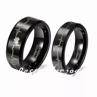 Men Women Tungsten Carbide Laser EKG Heartbeat Comfort Fit Ring Wedding Band • $13.99