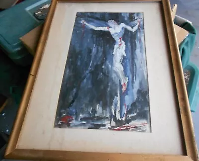 Vintage Religious Modernist Painting Christ On Cross Listed Artist  I Jahns • $49