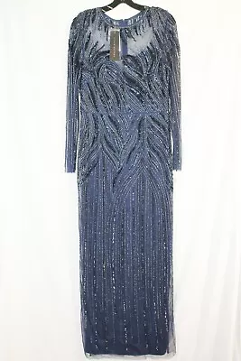 Aidan Mattox Womens Blue/Mesh/Sequined Long Sleeve Gown #12 $595 • $199.99