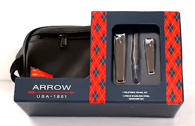 Arrow Black Zip Top Travel Kit Toiletry Bag Dopp Kit & Manicure Set New In Box • $39.99