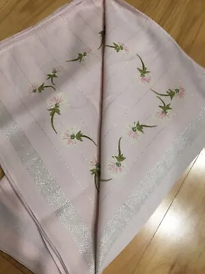Vintage Glitter-Weave Square Pink & Silver Daisy Dandelion Floral Tablecloth • $46