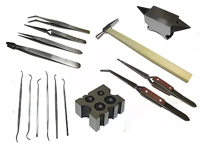 Jewellery Making Tool Set Tweezers Anvil Hammer Dapping Block Dental Picks • £43.50