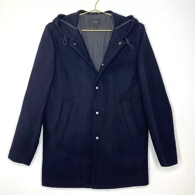 J. Crew Hooded Coach’s Wool Jacket Dark Navy Blue Snap Button Pea Coat Men’s S • $68