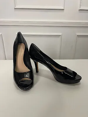 Via Spiga Italy Women Black Patent Leather Hidden Platform Peep Toe Heels Size 8 • $24.99