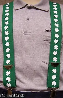 Suspenders 2 X48  FULLY Elastic Irish Shamrocks White On Green NEW • $19.99