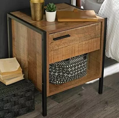 Industrial Loft Reclaimed Style Oak Effect Metal Frame 1 Drawer Bedside Cabinet • £92.99