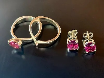 Pink Red Garnet 14k Yellow Gold Ring 10k Earrings Set Sz.5 1/2 Wedding Band • $464.95