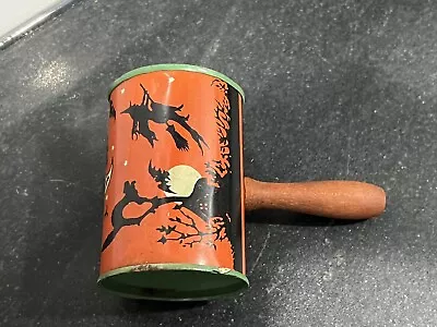 Vintage T COHN Halloween Tin Metal Can Litho Noisemaker Witch Bat Owls Cat • $34.50