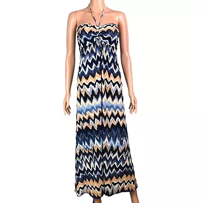 Veronica M Strapless Maxi Beach Chevron Dress Blue Stretch Size Medium • $19.60