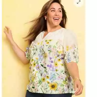 NWT Talbots Spectacular Floral 1x Women Popover Short Sleeve Cream Blouse Split • $35