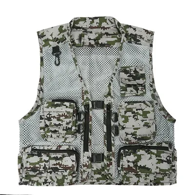 Men's Camouflage Mesh Net Waistcoat Vest Multi Pockets Fishing Outdoor Workwear • $35.44