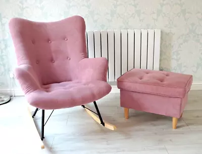 £250 • Buy Rocking Nursery Chair & Matching Stool - Blush Pink, Push Present / Baby Girl!