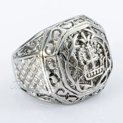 MENS Carved Cross Crown Silver 316L Stainless Steel Ring Punk Rock US Size 8-13 • $10.99