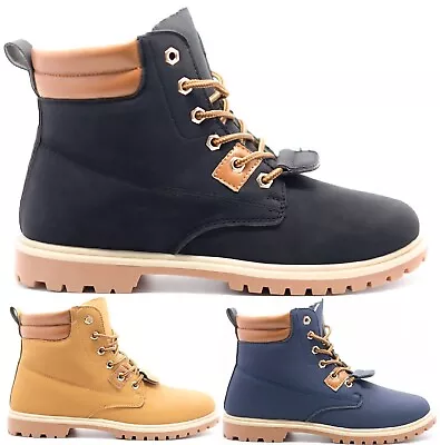 Womens Ladies Flat Fur Lined Grip Sole Winter Army Combat Ankle Boots Shoes Size • £14.95