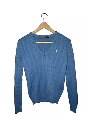  Ralph Lauren Blue Cable Knit Vintage Jumper Size S V-Neck White Logo • £34.99