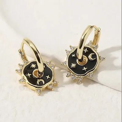 Anthropologie Double Hoop Earrings Drop Moon Star Dangle Enamel 18k Gold Plated • $23.79