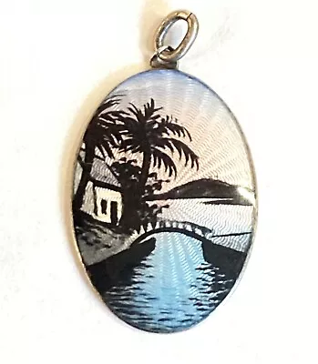 Vtg H.S & J.E. CRISSON Guilloche Enamel Sterling Silver Pendant Tropical Palm • $99.99