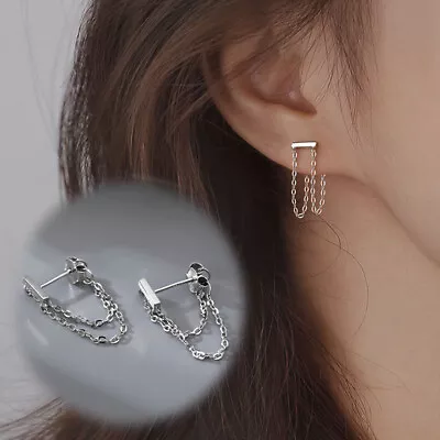 £3.59 • Buy Stud Earrings For Women Double Chain Tassel Silver Color Trendy Design