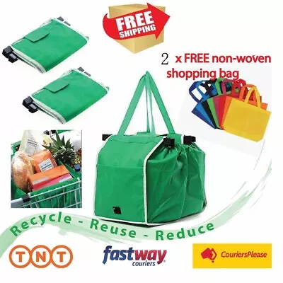 Reusable Shopping Bags Green Eco Foldable Handle Bag Grocery Cart Trolley 2Pcs • $11.99
